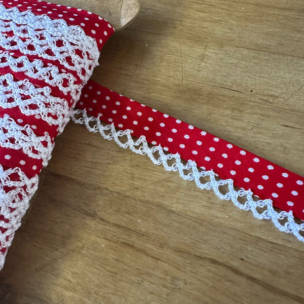 TRIM: Crochet-Edged Poplin Bias Binding (Double Fold) - 15mm width: FULL 25m ROLL : RED POLKADOT