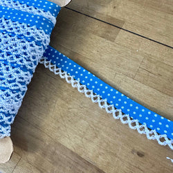 TRIM: Crochet-Edged Poplin Bias Binding (Double Fold) - 15mm width: FULL 25m ROLL : AQUA POLKADOT