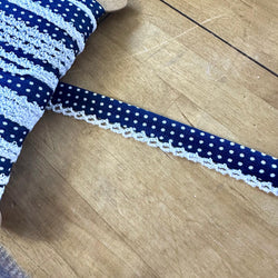 TRIM: Crochet-Edged Poplin Bias Binding (Double Fold) - 15mm width: FULL 25m ROLL : DARK BLUE POLKADOT