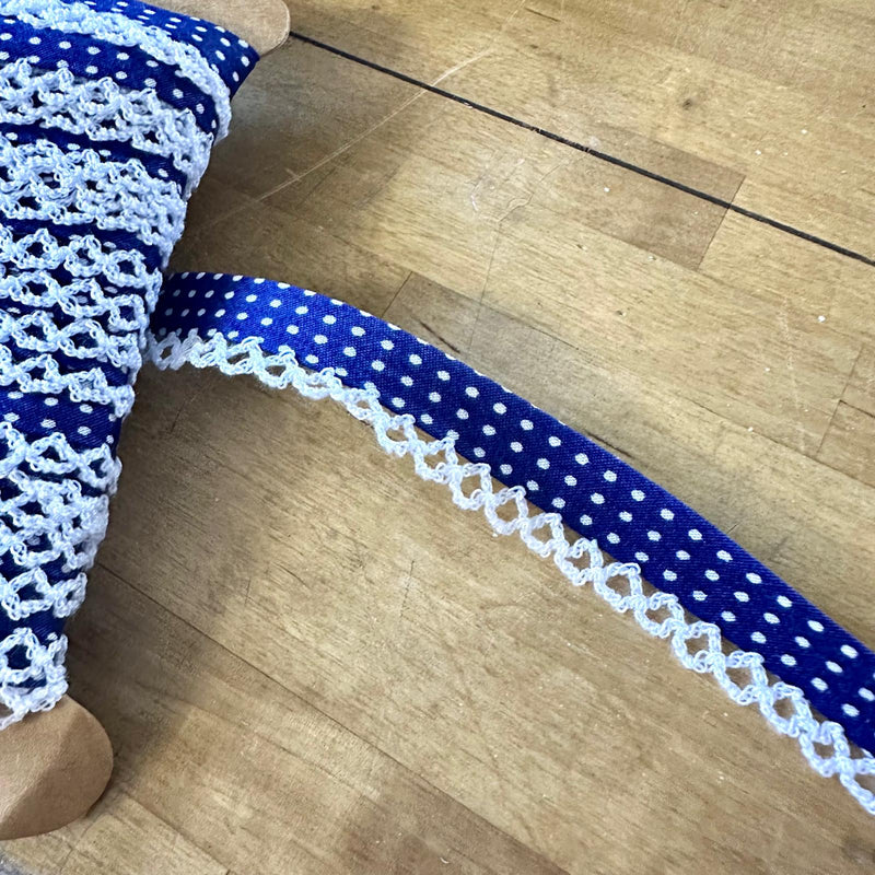 TRIM: Crochet-Edged Poplin Bias Binding (Double Fold) - 15mm width: FULL 25m ROLL : COBALT POLKADOT