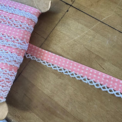 TRIM: Crochet-Edged Poplin Bias Binding (Double Fold) - 15mm width: FULL 25m ROLL : ROSE POLKADOT