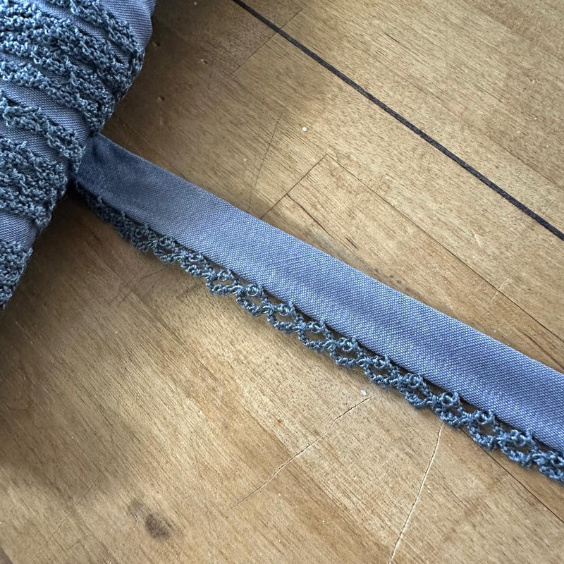 TRIM: Crochet-Edged Poplin Bias Binding (Double Fold) - 15mm width: FULL 25m ROLL : DARK GREY