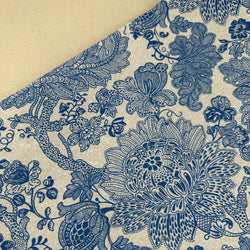 MEGA METRE: 1m Half-Panama Cotton Rich 'Design 11: Baroque Floral' BLUE + 1m NATURAL plain