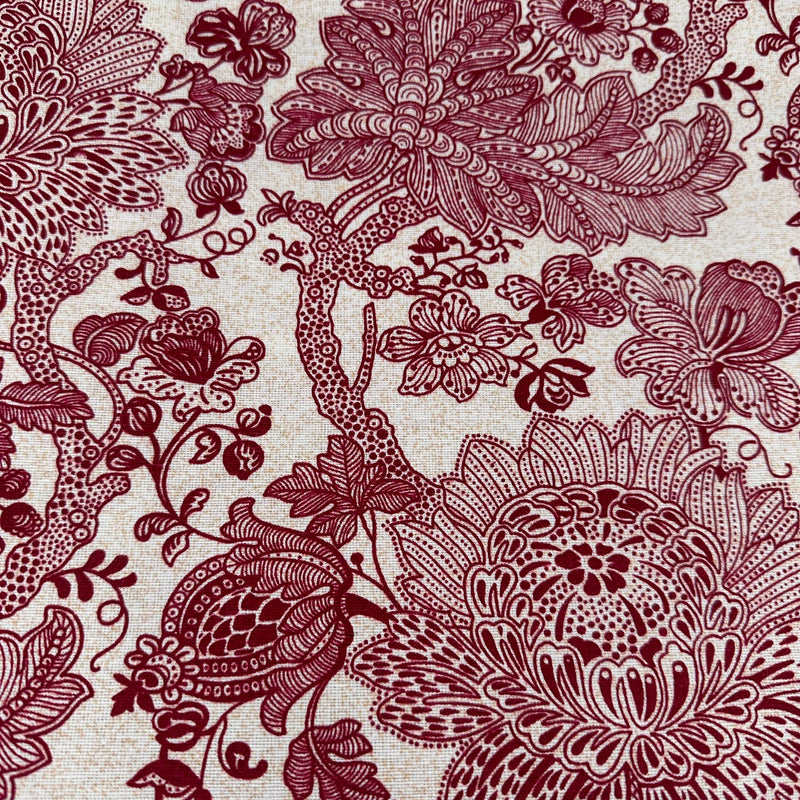 MEGA METRE: 1m Half-Panama Cotton Rich 'Design 9: Baroque Floral' RED + 1m NATURAL plain