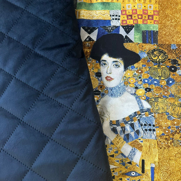 FABRIC DUO: ½m Crafty Velvets 'Quilted Plain' QCVP005 Black + Robert Kaufman 'The Lady in Gold / The Woman in Gold)' 60cm Panel