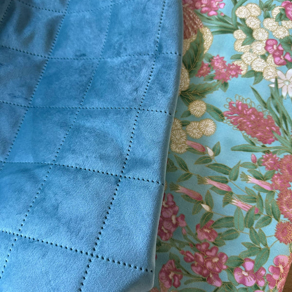 HALF METRE DUO: Crafty Velvets 'Quilted Plain' QCVP016 Viridian + Leesa Chandler | Under The Aussie Sun 'Floral' Teal Pink 0013 14