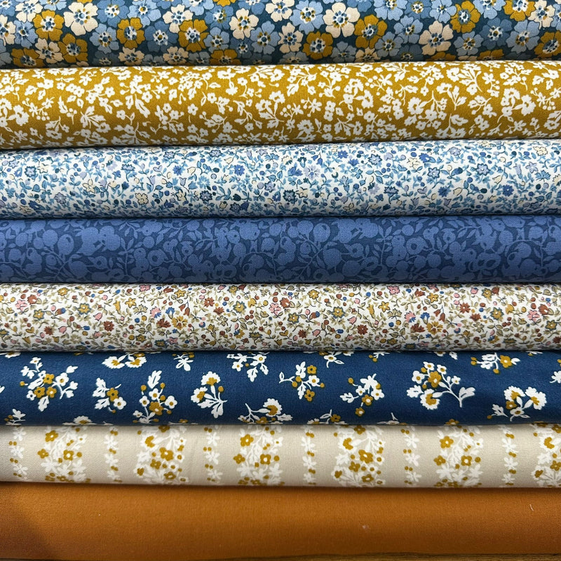 FAT QUARTER BUNDLE: 8 x FQ: Liberty | Denim Florals (x6) + Wiltshire Shadow Indigo + Kona in Roasted Pecan