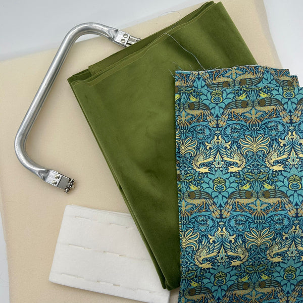 NM Designs Workshop Bundle | Month 9: 30cm Velvet Tubular Frame Bag: 'Peacock and Dragon' CPR003 Percale + Olive Velvet