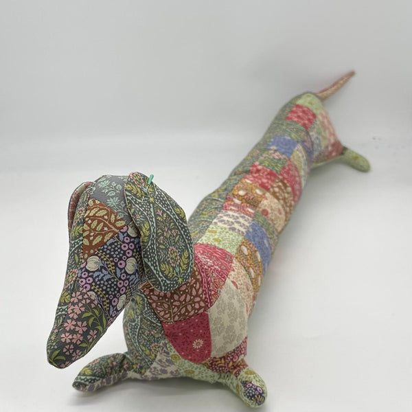 SAMPLE SALE: AA18: Natasha's Lovely Long Sausage Dog Draught Excluder: Tilda Patchwork (Requires Some Finishing)