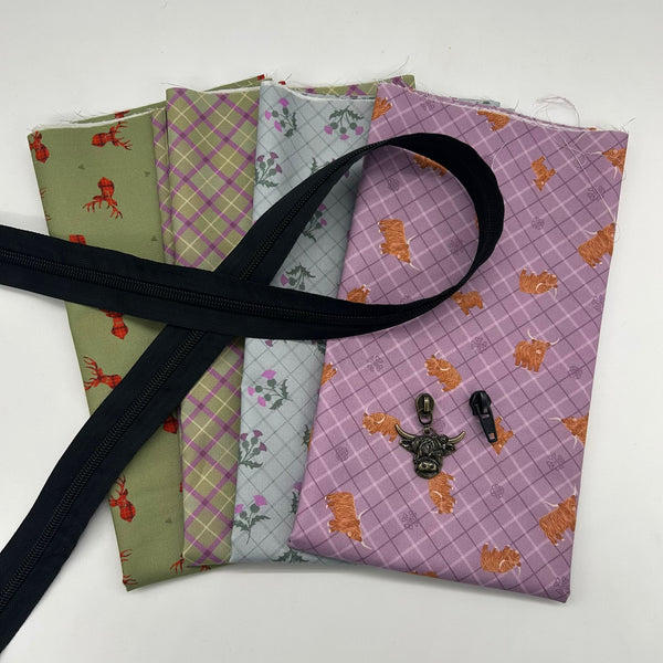 SPECIAL BUY: Highland Cow Bundle: 4 Fat Quarters Lewis & Irene Fabric + 1m Zipper Tape + 2 Zip Pulls (bundles may vary)