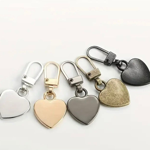 HARDWARE: Clip-On Zip Pull Charms: Heart shape: Set of 5 (assorted colours)