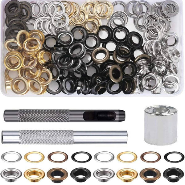 HARDWARE: Eyelet / Grommet Kit inc Tools: 10mm size, 100 sets, ASSORTED colours