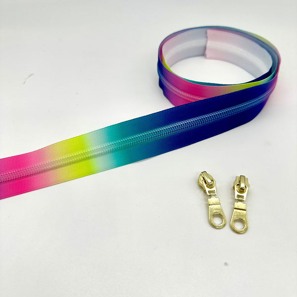 ZIP BUNDLE: 1 METRE Size 5 PINK RAINBOW Zipper Tape + 2 Gold Colour Pulls