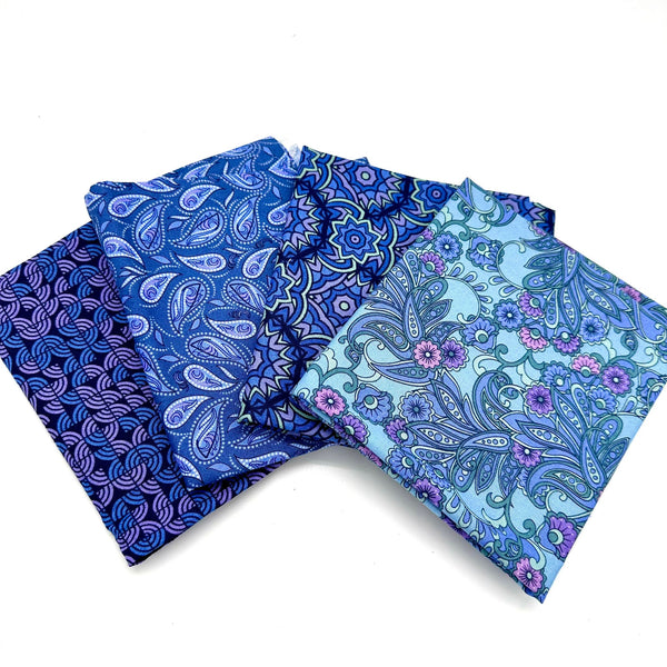 FAT QUARTER BUNDLE: 4 X FQ: Designs By Sarah J for Andover Fabrics | At Days End fabrics TWILIGHT (BLUE) COLOURWAY