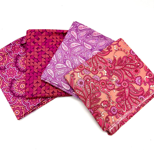 FAT QUARTER BUNDLE: 4 X FQ: Designs By Sarah J for Andover Fabrics | At Days End fabrics SETTING SUN/SUNDOWN (PINK) COLOURWAY