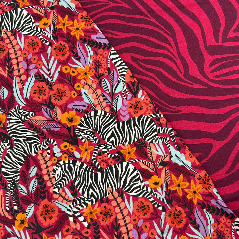 HALF METRE DUO: Cloud9 Fabrics | Zebras 'Frolicking Zebras' on Multi Red 227371 + 'Zebra Stripes' Red 227373