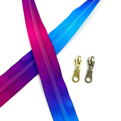 PRECUT 1 METRE ZIPPER TAPE + 2 ZIP PULLS: Magenta/Purple/Blue Ombré with 1 Gold 1 Silver colour pulls with circle cutouts