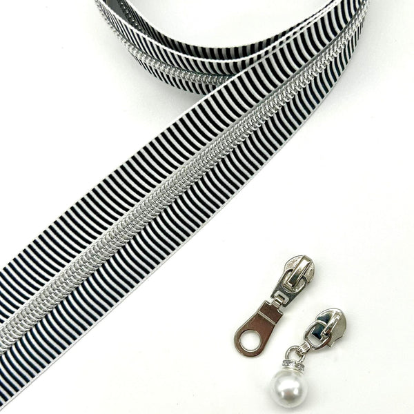 PRECUT 1 METRE ZIPPER TAPE + 2 ZIP PULLS: Black & White Zebra Stripe tape with 1 silver colour + 1 pearl/diamante pull