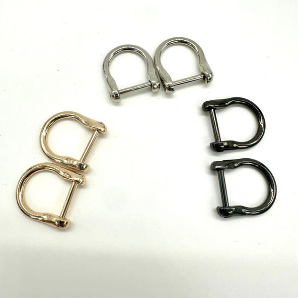 HARDWARE: ¾" CURVY Screw Bar D Rings: Three Pairs (6 Pieces): Light Gold, Silver and Gunmetal colour