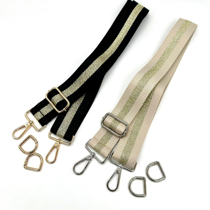 HARDWARE: TWO Adjustable Bag Straps with Lobster Clasp Attachment + Matching Spring D Rings: Black/Gold + Natural/Silver