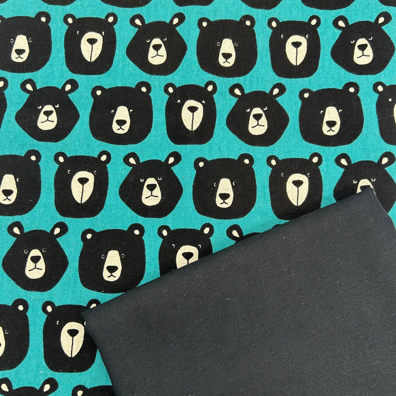 HALF METRE DUO: 1/2m Sevenberry | Cotton Linen Canvas 'Kyoton Bears' Blue + 1/2m Cambric 6 EcoDry 6oz in Black