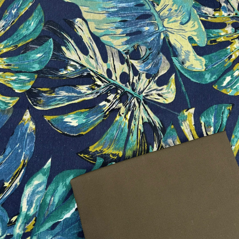 HALF METRE DUO: 1/2m Chatham Glyn | Printed Half-Panama Cotton Rich Fabric 'Design 1: Palm Navy' + 1/2m Sahara StayWax 6 in Moss