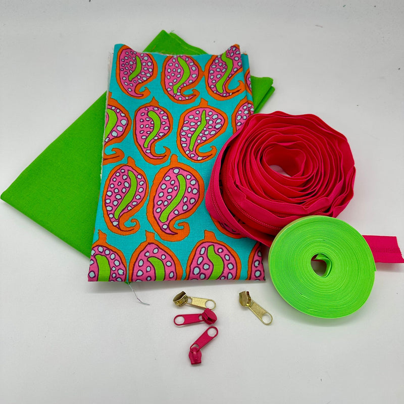 FABRIC KIT + BINDING + ZIP: Spiral Case: KFC 'Pasha Paisley' Aqua with Lime Option