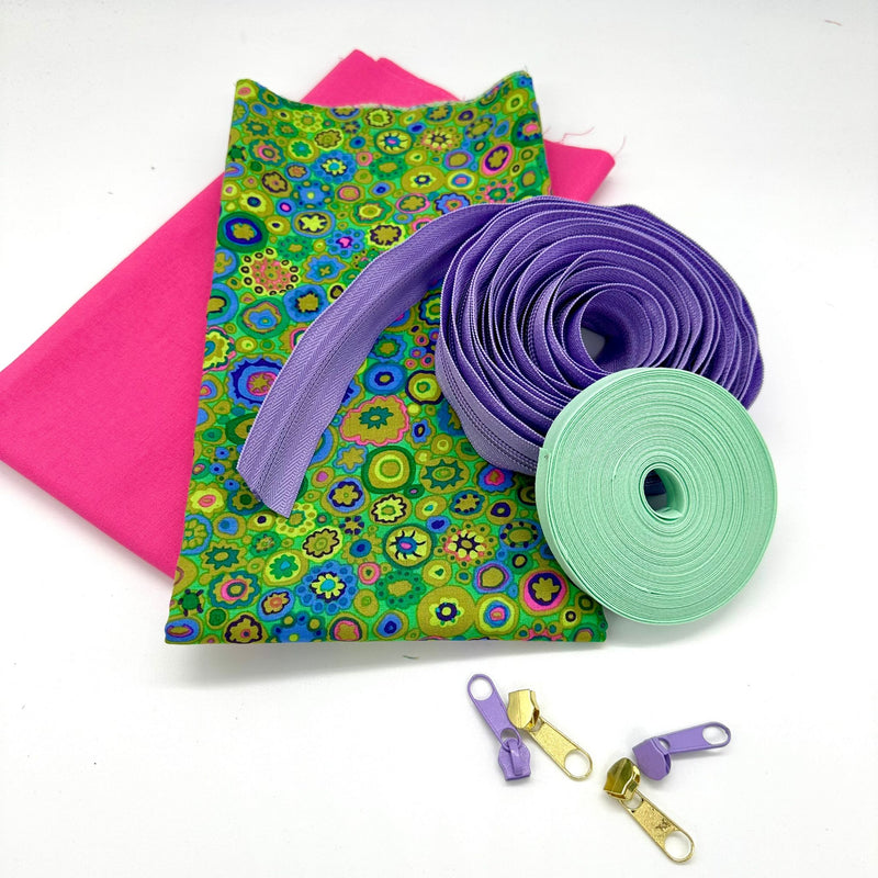 FABRIC KIT + BINDING + ZIP: Spiral Case: KFC 'Paperweight' Emerald with Bright Pink Option