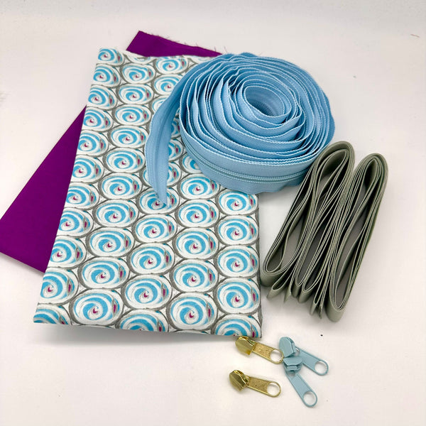 FABRIC KIT + BINDING + ZIP: Spiral Case: George Mendoza 'Eye Spy' Blue with Magenta Option