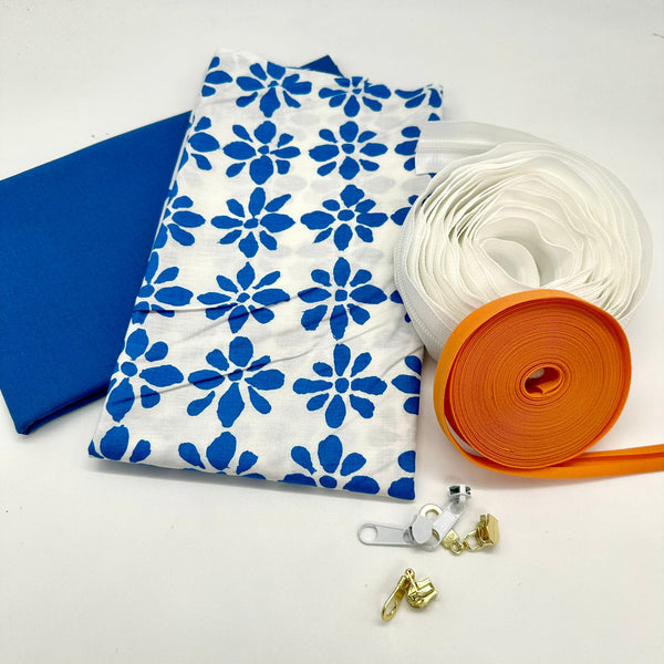 FABRIC KIT + BINDING + ZIP: Spiral Case: KFC 'Snow Flower' White with Cadet Blue Option