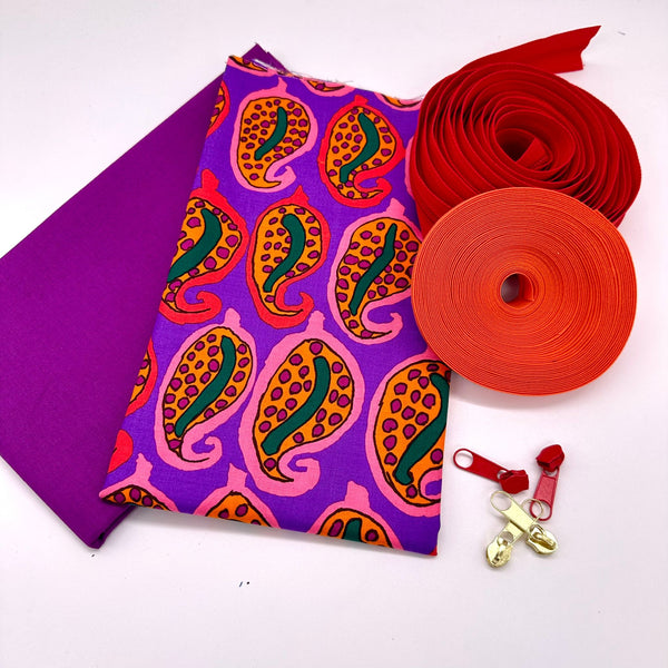 FABRIC KIT + BINDING + ZIP: Spiral Case: KFC 'Pasha Paisley' Purple with Magenta Option