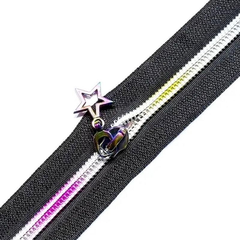 ZIP BUNDLE: 4.5 METRES Size 5 Black Zipper Tape with Rainbow Teeth + 5 Rainbow Colour Pulls