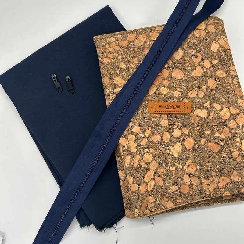 FABRIC KIT: Waterproof Washbag: Water-Repellent Fluoro Polycotton in Light Navy + Lightweight Ink Cork