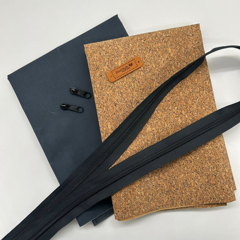 FABRIC KIT: Waterproof Washbag: 'Bonneville 6' 6oz Waxed Cotton in Blue Pewter + Lightweight Dark Wash Cork