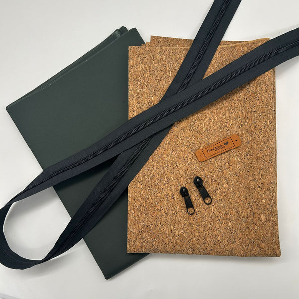 FABRIC KIT: Waterproof Washbag: 'Bonneville 6' 6oz Waxed Cotton in Deep Mineral Green + Lightweight Dark Wash Cork