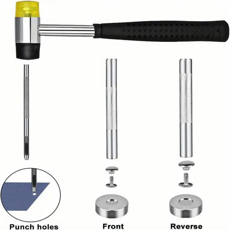 TOOLS: Double Cap Rivets Set (360 sets): 6mm + 8mm SIZES: with Punch Tools, Setter Base and Rubber Hammer