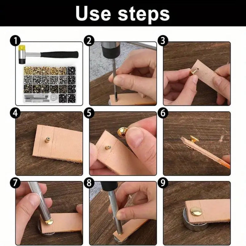 TOOLS: Double Cap Rivets Set (360 sets): 6mm + 8mm SIZES: with Punch Tools, Setter Base and Rubber Hammer