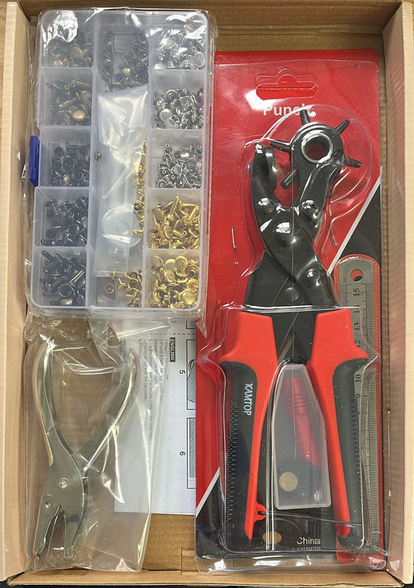 TOOL + HARDWARE: Leather Hole Punch Set: Revolving Punch Hole Plier Tool + 240 Pcs Double Cap Rivets (6mm/8mm/12mm in gold/silver/bronze/gunmetal colours)