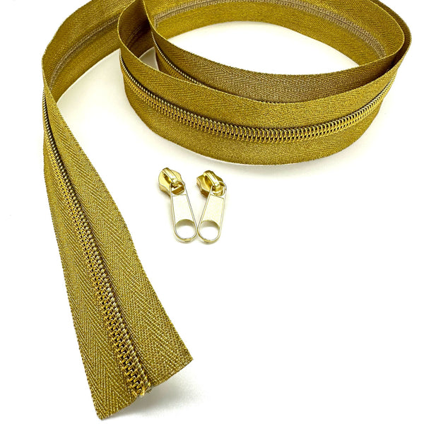 PRECUT 1 METRE ZIPPER TAPE + 2 ZIP PULLS: Metallic Gold with 2 Gold colour pulls with circle cutouts