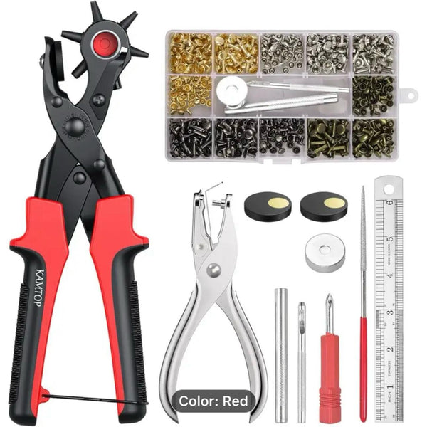 TOOL + HARDWARE: Leather Hole Punch Set: Revolving Punch Hole Plier Tool + 240 Pcs Double Cap Rivets (6mm/8mm/12mm in gold/silver/bronze/gunmetal colours)