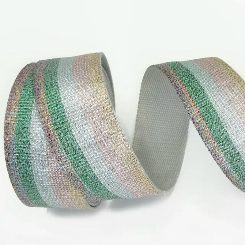 RIBBON: Luxurious Metallic Jacquard: 1.5" Wide x 4 Metre Length: Option E Soft Silver/Green/Gold