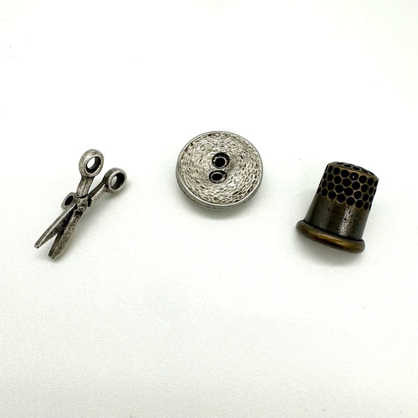 BUTTONS: Haberdashery Themed Trio: Scissors, Thimble, Button