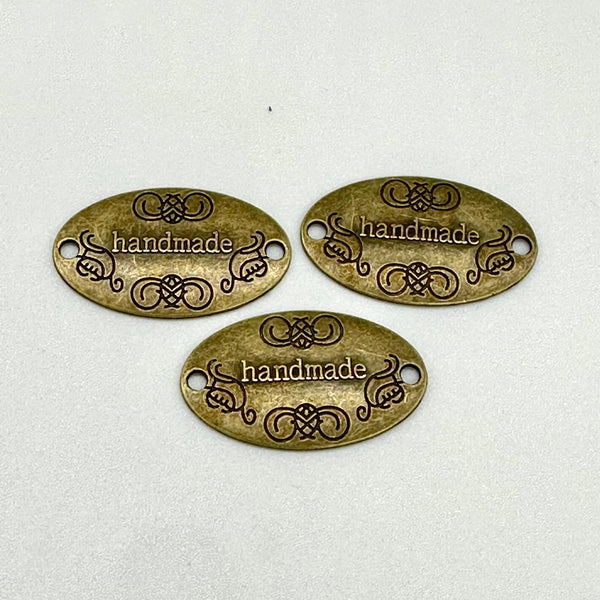 HARDWARE ACCESSORY: "handmade" METAL Tags: Set of 3 in antique brass colour