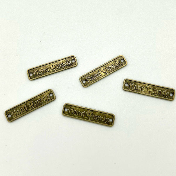 HARDWARE ACCESSORY: 1" Rectangular "handmade" METAL Tags: Set of 5 in antique brass colour