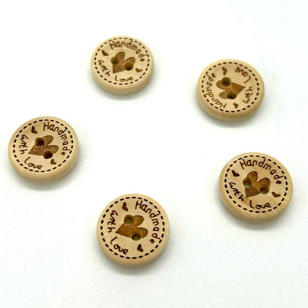 SPECIAL BUY: PACK OF 5 Wooden Handmade Buttons: 15mm: 'Handmade With Love'