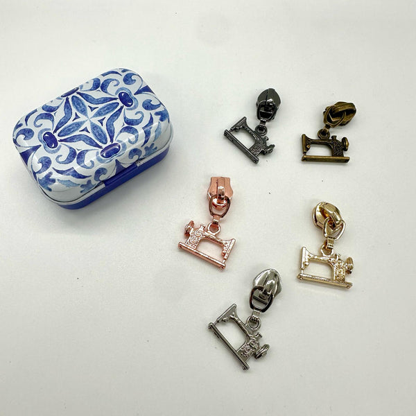 SPECIAL BUY: FIVE Sewing Machine Zipper Pulls (Size 5) in FREE Tin (tin design may vary)