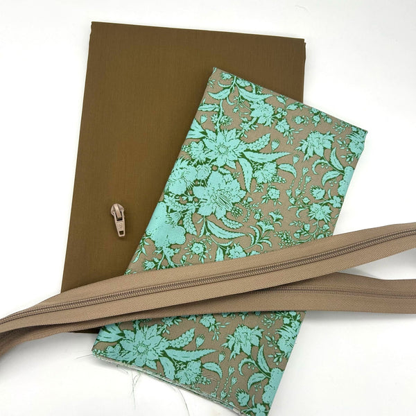 FABRIC + ZIP BUNDLE: Wire Frame Bag: Camo Khaki + Tilda | Bloomsville 'Abloom' Mushroom