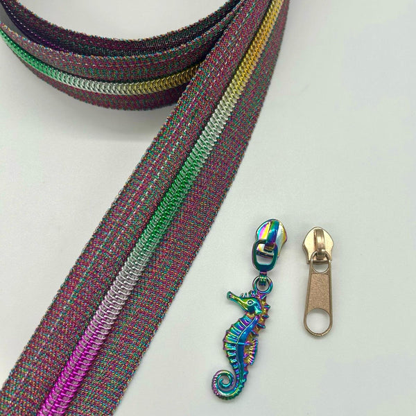 PRECUT 1 METRE ZIPPER TAPE + 2 ZIP PULLS: Metallic/Glittery with Rainbow Teeth + 1 Rainbow Seahorse + 1 Gold colour pull with circle cutout