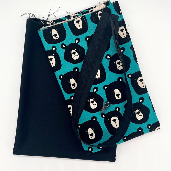 FABRIC + ZIP BUNDLE: Hanging Shoe Bag: 'Kyoton Bears' Cotton Linen Canvas + Black Water Repellent Fabric