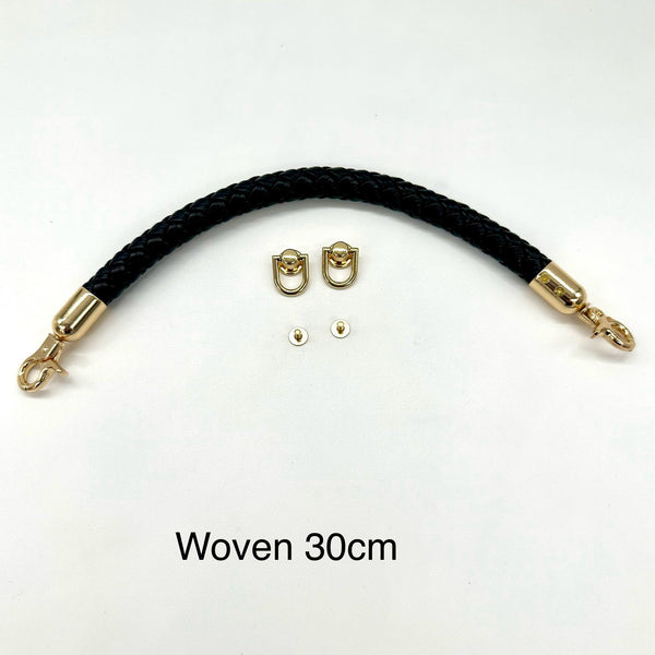 HANDLE + Two Screw-In D Rings for Hanging Shoe Bag: ONE **30cm** Bag Strap with Clasp Attachment in WOVEN / BRAIDED BLACK